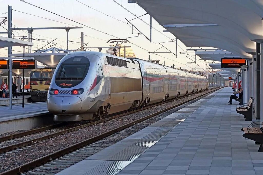 ONCF Al Boraq high-speed train departing a modern Moroccan station