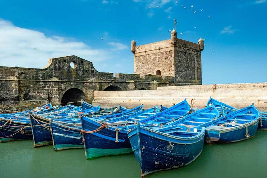 Essaouira port blue fishing boats