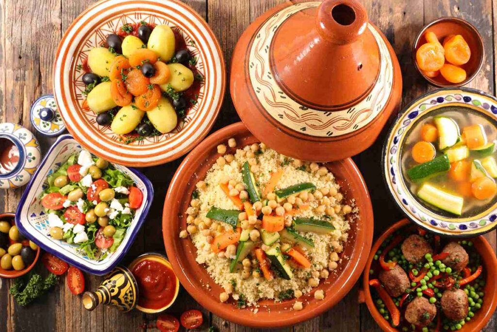 Traditional Moroccan couscous, tagine & salads served family-style