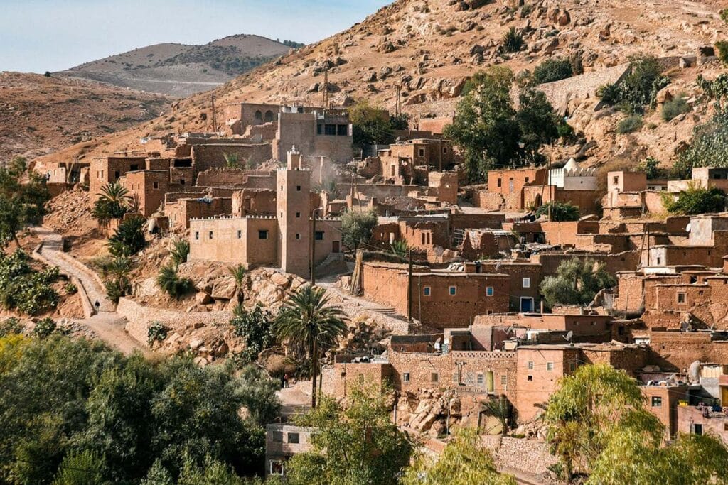 Traditional Berber hillside village built of adobe homes in Morocco’s Anti-Atlas Mountains.