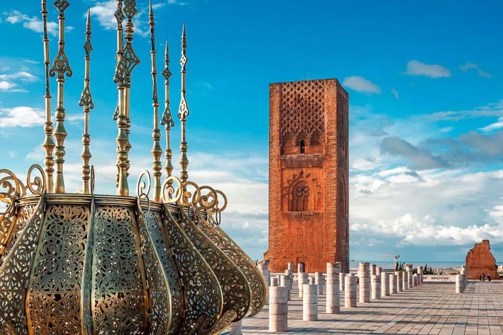 Hassan Tower with ornate bronze lantern on the esplanade of Rabat, Morocco’s Imperial City capital