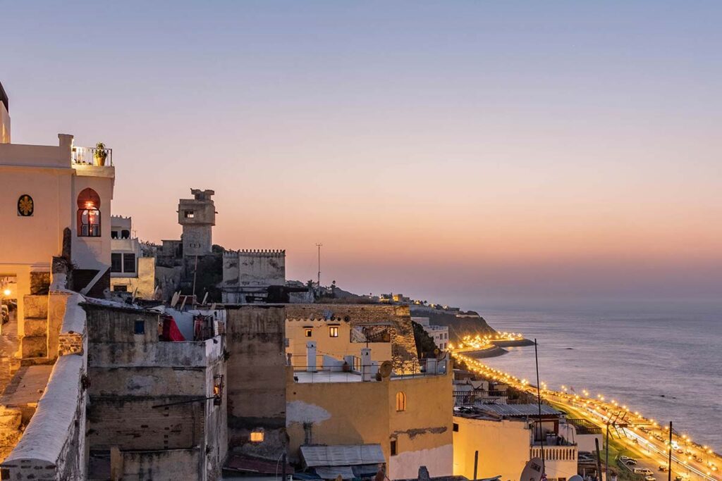 Sunset over Tangier medina and Corniche facing the Strait of Gibraltar in northern Morocco