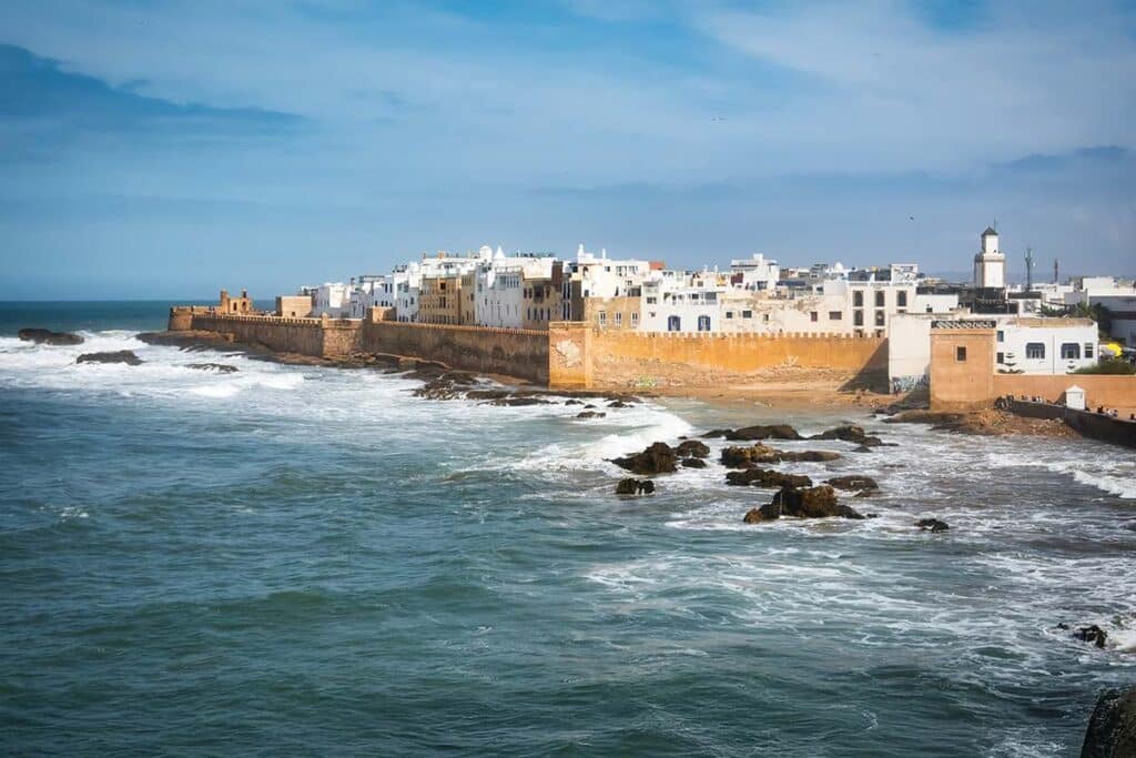 Seaside view of Essaouira ramparts and the Atlantic Ocean.