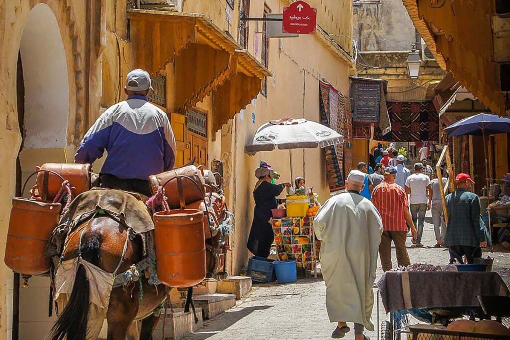 Street scene in the historic medina of Fes, Morocco, with locals and a donkey carrying goods