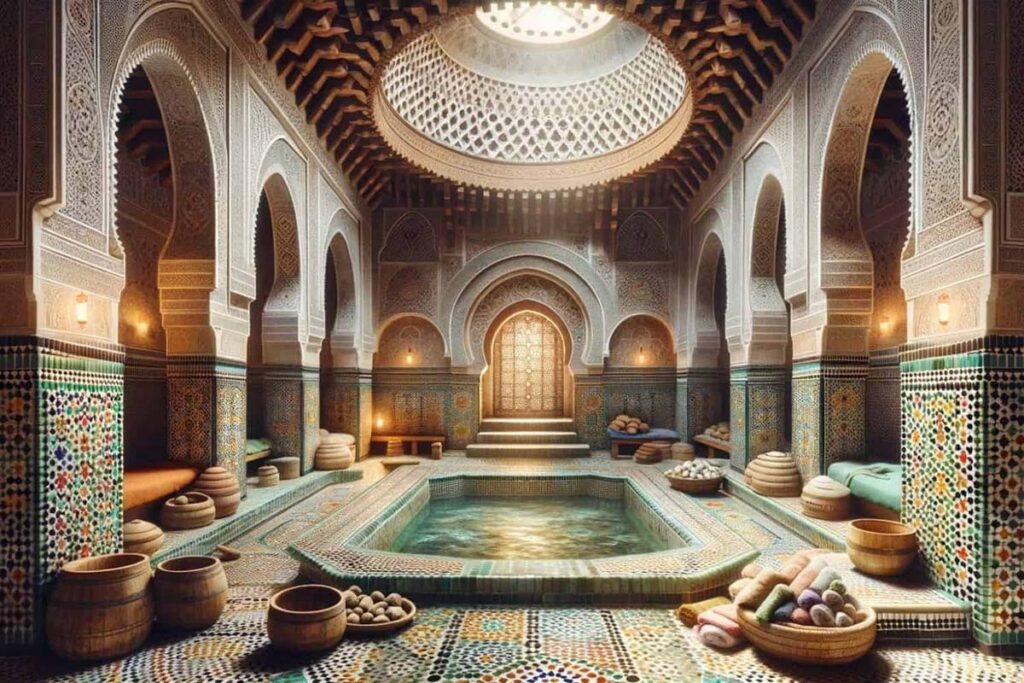 Traditional Moroccan hammam with ornate arches, zellige tiles, and a central bathing pool