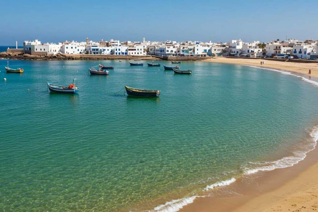 Calm turquoise waters of Oualidia lagoon with whitewashed houses