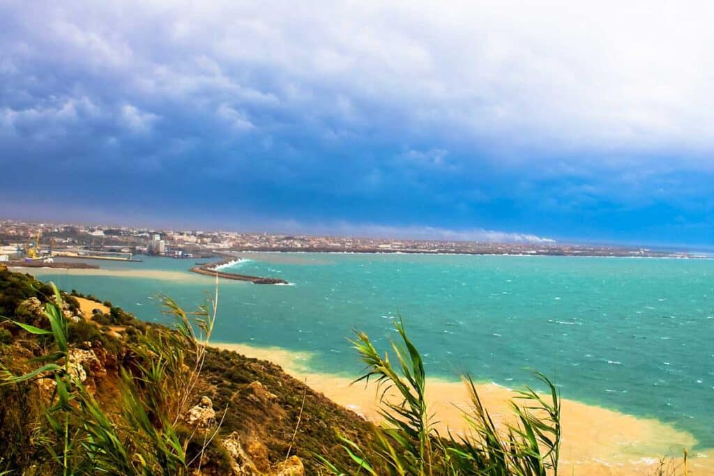 Panoramic view of Safi bay and port from clifftop on Morocco’s Atlantic